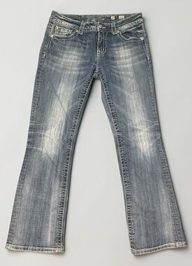 Miss Me Easy Jeans Womens 29 Boot Blue Medium Wash Embellished Flap Pocket 30x28